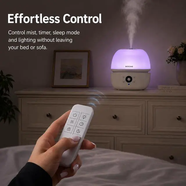 Alt view image 2 of 7 - 3L Top Fill Humidifier for Bedroom, 20dB Whisper-Quiet Cool Mist with Easy Remote Control, 30H Runtime, Night Light, Essential Oil Tray, Timer for Baby, Plants and Home