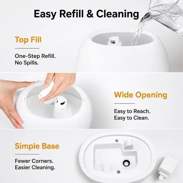 Alt view image 5 of 7 - 3L Top Fill Humidifier for Bedroom, 20dB Whisper-Quiet Cool Mist with Easy Remote Control, 30H Runtime, Night Light, Essential Oil Tray, Timer for Baby, Plants and Home