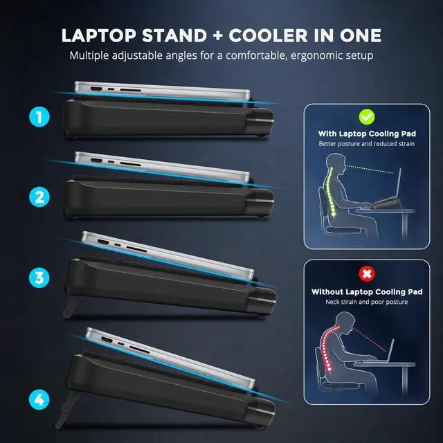 Alt view image 6 of 7 - Laptop Cooling Pad, Quiet Turbo Fan Laptop Cooler for 12-19 Inch Gaming Laptop and MacBook, Height Adjustable Laptop Cooling Stand with RGB Light, Sealed Airflow Cooler Pad, USB Powered