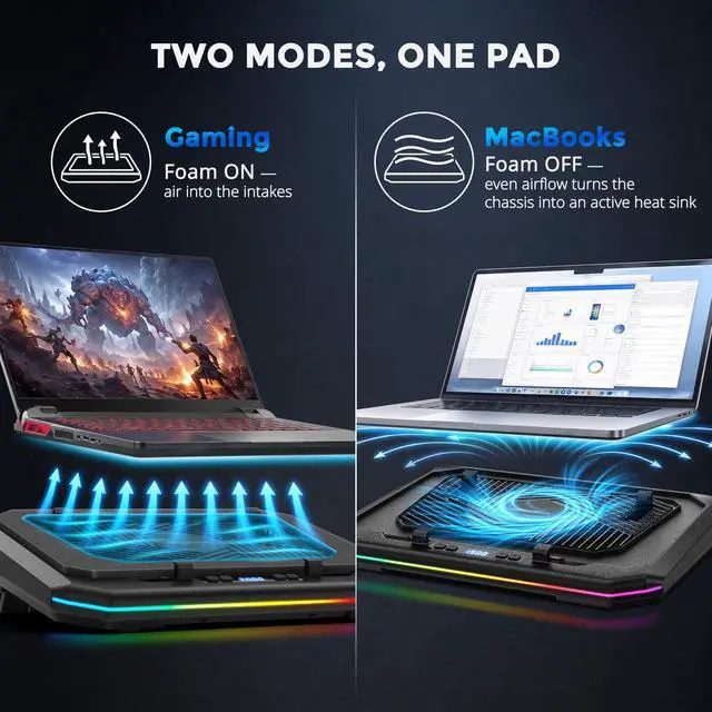 Alt view image 5 of 7 - Laptop Cooling Pad, Quiet Turbo Fan Laptop Cooler for 12-19 Inch Gaming Laptop and MacBook, Height Adjustable Laptop Cooling Stand with RGB Light, Sealed Airflow Cooler Pad, USB Powered