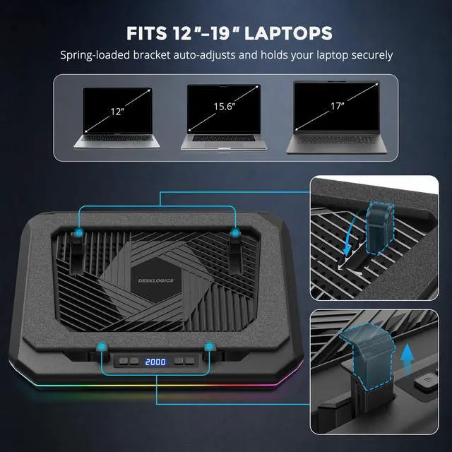 Alt view image 7 of 7 - Laptop Cooling Pad, Quiet Turbo Fan Laptop Cooler for 12-19 Inch Gaming Laptop and MacBook, Height Adjustable Laptop Cooling Stand with RGB Light, Sealed Airflow Cooler Pad, USB Powered