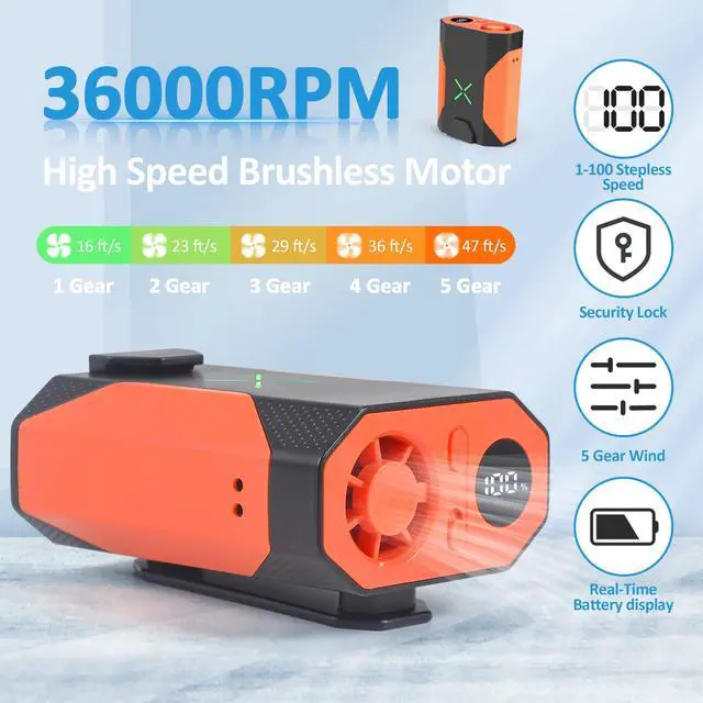 Alt view image 3 of 7 - Mini Portable Waist Fan - 100 Speeds 36000RPM Strong Airflow 4500mAh Battery Powered Max 16H Cooling - Mini Waist Neck Handheld Fan for Outdoor Jobsite Camping Travel, Orange