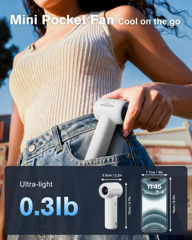 Alt view image 3 of 6 - Portable Handheld Fan, High Speed Turbo Mini Fan with 5 Speeds, 3000mAh USB-C Rechargeable Personal Fan, LED Digital Display, Small Pocket Fan for Travel, Camping, Concerts, Makeup (White)
