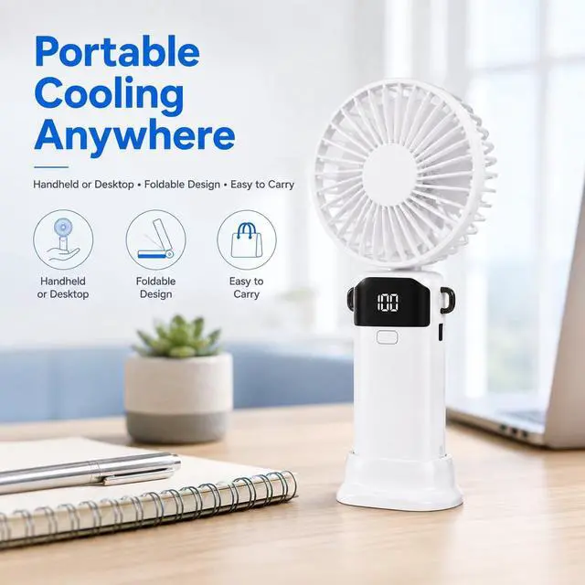 Alt view image 2 of 7 - Handheld Fan, 5-Speed Portable Mini Fan with LED Battery DisplayWhite