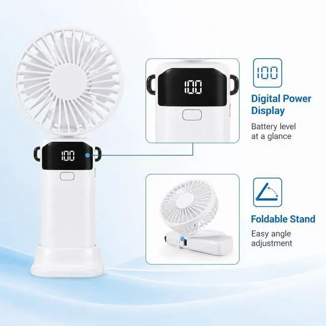 Alt view image 3 of 7 - Handheld Fan, 5-Speed Portable Mini Fan with LED Battery DisplayWhite