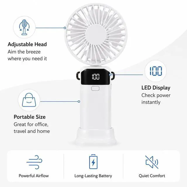 Alt view image 6 of 7 - Handheld Fan, 5-Speed Portable Mini Fan with LED Battery DisplayWhite