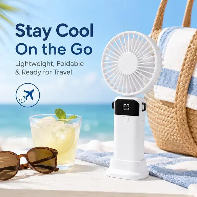 Alt view image 5 of 7 - Handheld Fan, 5-Speed Portable Mini Fan with LED Battery DisplayWhite