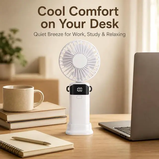 Alt view image 7 of 7 - Handheld Fan, 5-Speed Portable Mini Fan with LED Battery DisplayWhite