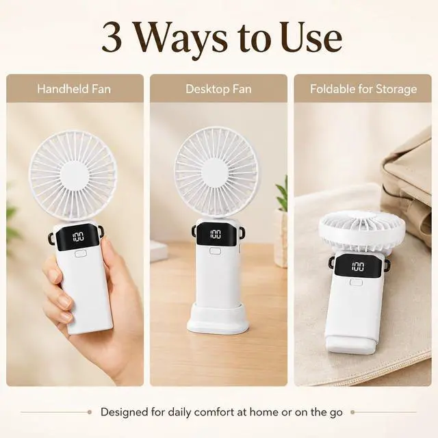 Alt view image 4 of 7 - Handheld Fan, 5-Speed Portable Mini Fan with LED Battery DisplayWhite