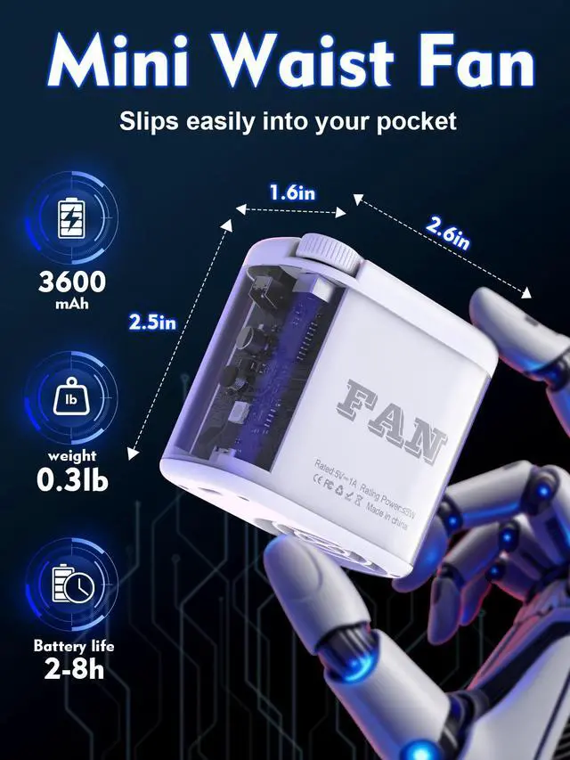 Alt view image 3 of 7 - Transparent Mecha-style Wearable Waist Fan: USB-C Rechargeable 0-100 Wind Control, RGB Lighting, Detachable Belt Clip, 360° Rotation, for Shirt, Belt, Umbrella Handle, Handheld Use, 3-12 Hours