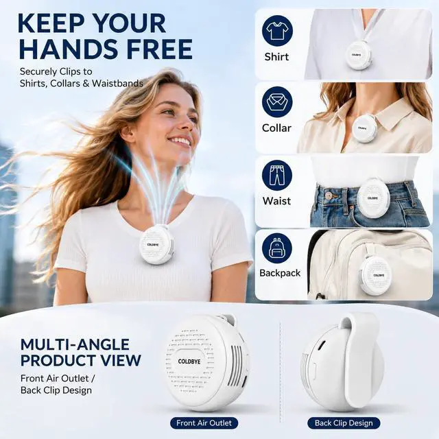 Alt view image 2 of 6 - Bladeless Shirt Clip Fan for Waist & Clothing, Wearable Personal Cooling Fan with 3 Speeds, USB-C Rechargeable Hands-Free Mini Portable Fan for Work, Travel, Camping & Outdoor Activities