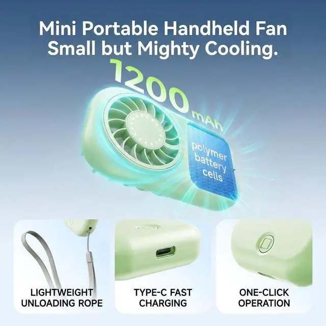 Alt view image 7 of 7 - Mini Fan, Portable Fans Pocket Size 5 Speeds 1100 RPM High Velocity Personal Fan with Lanyard for Makeup, Travel, Outdoor Fan Green
