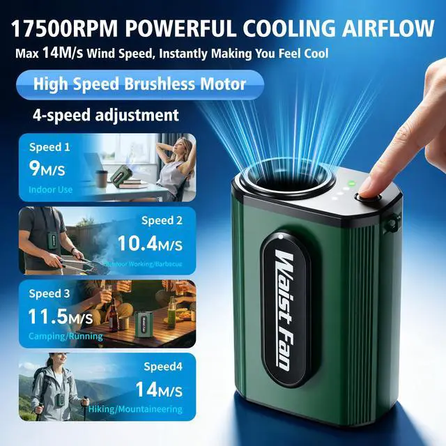 Alt view image 2 of 7 - Waist Fan Portable Clip on 17500RPM, Lightweight Belt Fan Rechargeable, Hands Free Personal Cooling Mini Neck Fan for Men Women Outdoor Jobsite Camping Hiking Fishing Travel Commute Daily Work