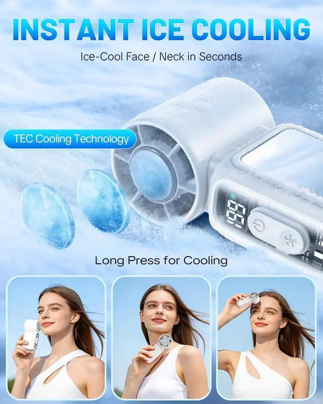 Alt view image 2 of 7 - Handheld Mini Fan with Semiconductor Cooling,Speed (1-199) Personal Turbo Portable Fan 4300mAh Rechargeable,Powerful 20000RPM Pocket Hand Fans for Travel/Makeup/Outdoor/Home(White ICE)