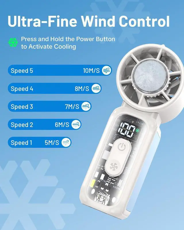 Alt view image 5 of 7 - Handheld Mini Fan with Semiconductor Cooling,Speed (1-199) Personal Turbo Portable Fan 4300mAh Rechargeable,Powerful 20000RPM Pocket Hand Fans for Travel/Makeup/Outdoor/Home(White ICE)