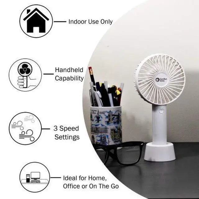 Alt view image 3 of 6 - Personal Handheld Rechargeable Fan, 4 inch, 3 Speed, Lithium Ion Battery, Micro USB Cable, Powerful, Mini Hand Fan, Ideal for Home, Bedroom & Office, CZPF402WT