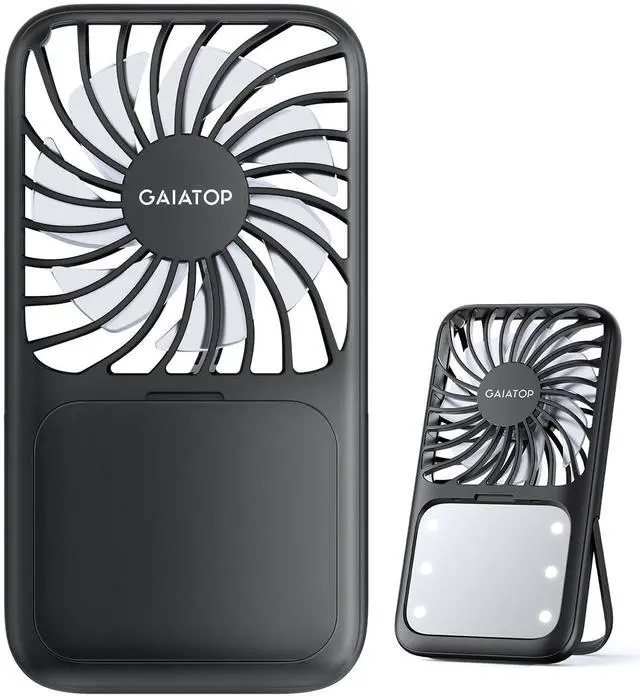 Main image of Portable Handheld Fan, 3 Speed LED Makeup Mirror with Light, Folding Stand for Desktop, Rechargeable Mini Personal Fans Small Travel Essentials Gifts for Women Girls