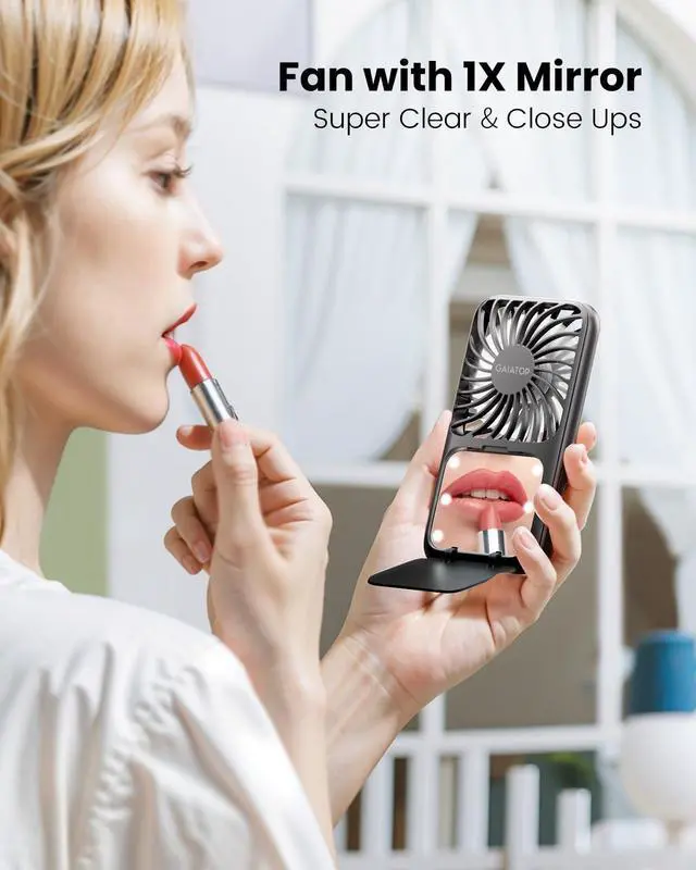 Alt view image 5 of 6 - Portable Handheld Fan, 3 Speed LED Makeup Mirror with Light, Folding Stand for Desktop, Rechargeable Mini Personal Fans Small Travel Essentials Gifts for Women Girls