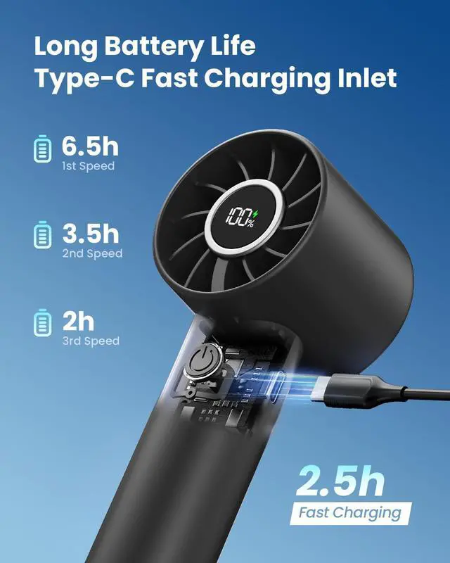 Alt view image 5 of 6 - Portable Mini Fan, 3 Speed Handheld Fans with Power Display Flashlight, USB Rechargeable Battery, Lightweight Personal Cooling for Women Men Indoor Outdoor Travel Black
