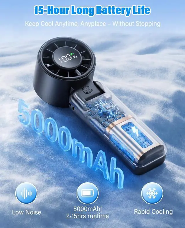 Alt view image 3 of 7 - Portable Fan,Handheld Fan, 180° Foldable 6-Speed (1-100) Mini Fan, 5000mAh Rechargeable Battery Operated up to 15 Working Hours, LED Display Personal Cooling for Travel Indoor Outdoor (Black)