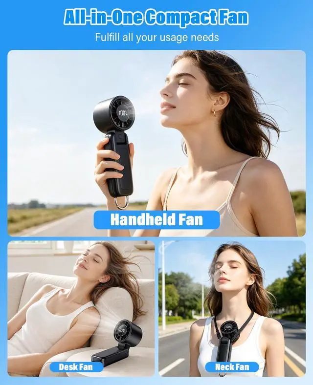 Alt view image 5 of 7 - Portable Fan,Handheld Fan, 180° Foldable 6-Speed (1-100) Mini Fan, 5000mAh Rechargeable Battery Operated up to 15 Working Hours, LED Display Personal Cooling for Travel Indoor Outdoor (Black)