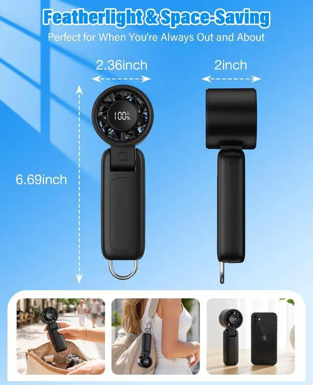 Alt view image 6 of 7 - Portable Fan,Handheld Fan, 180° Foldable 6-Speed (1-100) Mini Fan, 5000mAh Rechargeable Battery Operated up to 15 Working Hours, LED Display Personal Cooling for Travel Indoor Outdoor (Black)
