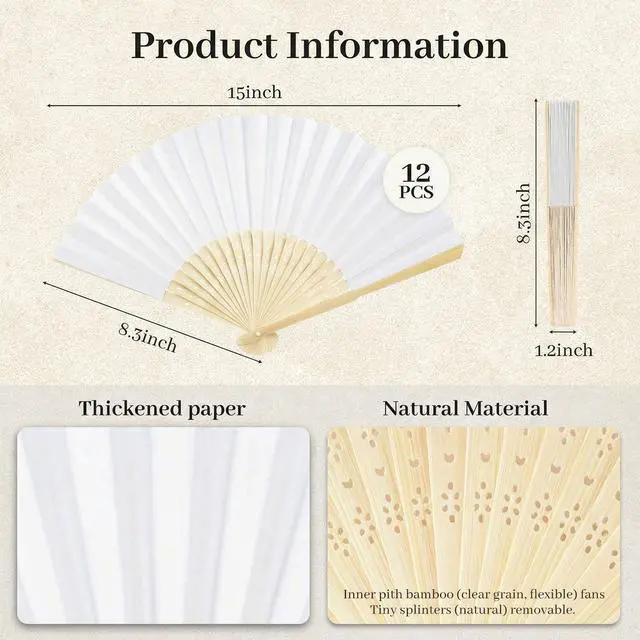 Alt view image 7 of 7 - 12 Pcs White Paper Fans Handheld 8.3 Inch Foldable Hand Fan, Folding Fans Handheld for Women, Paper Fan for Wedding Guests, Bridal & Baby Shower Favors, Party Decorations