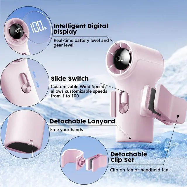 Alt view image 3 of 7 - Mini Portable Clip on Fan,100 Speeds 18000 RPM High Velocity Personal Fans with LED Display,USB Rechargeable Small Handheld Fan with Lanyard for Travel,Indoor,Outdoor