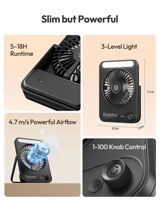 Alt view image 2 of 7 - Small Desk Fan, 4000mAh Portable Fan for Travel with 3 LED Light, Max 18 Hrs Desk Fans Quiet for Bedside Desktop, Ultra-Slim Mini Fans, Travel Cruise Essentials Office Accessories, Black
