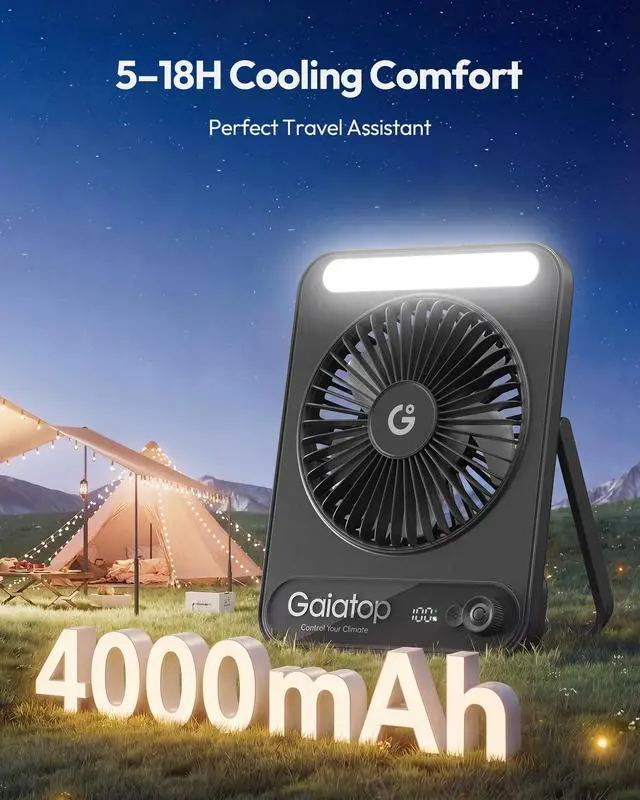 Alt view image 3 of 7 - Small Desk Fan, 4000mAh Portable Fan for Travel with 3 LED Light, Max 18 Hrs Desk Fans Quiet for Bedside Desktop, Ultra-Slim Mini Fans, Travel Cruise Essentials Office Accessories, Black
