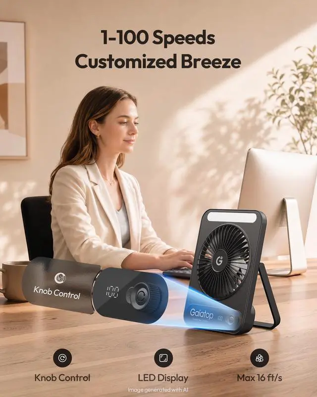 Alt view image 4 of 7 - Small Desk Fan, 4000mAh Portable Fan for Travel with 3 LED Light, Max 18 Hrs Desk Fans Quiet for Bedside Desktop, Ultra-Slim Mini Fans, Travel Cruise Essentials Office Accessories, Black