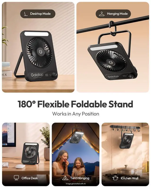 Alt view image 5 of 7 - Small Desk Fan, 4000mAh Portable Fan for Travel with 3 LED Light, Max 18 Hrs Desk Fans Quiet for Bedside Desktop, Ultra-Slim Mini Fans, Travel Cruise Essentials Office Accessories, Black