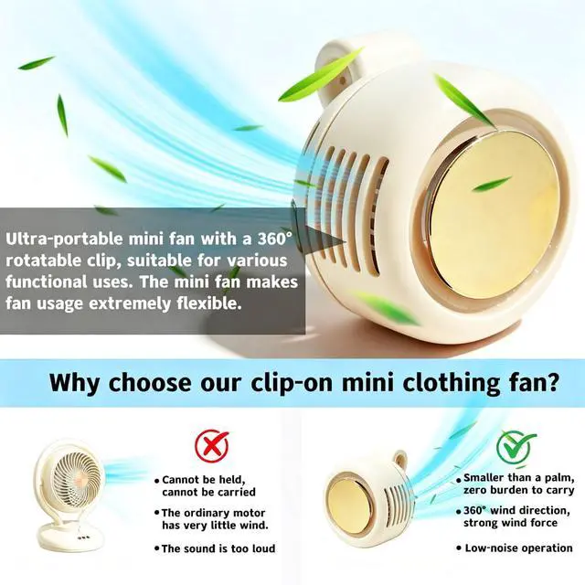 Alt view image 3 of 7 - 2026 New Portable silent mini bladeless fan 3-speed clip-on fan 360° rotatable suitable for outdoor, travel and office use, travel accessory (white)