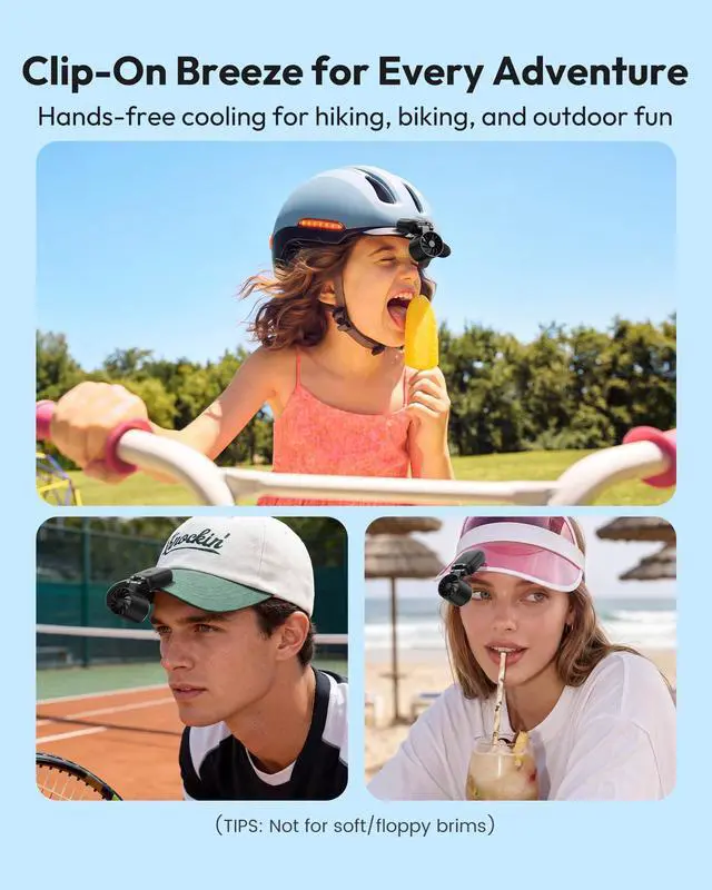 Alt view image 4 of 7 - Mini Clip on Fan Portable, 180° Adjustable Personal Hat Fan Clip On, 3-in-1 Hands-Free Mini Portable Fans, Only 2.4 oz, 3-Speed Rechargeable, Outdoor Sports Travel Essentials, Women Men, Black