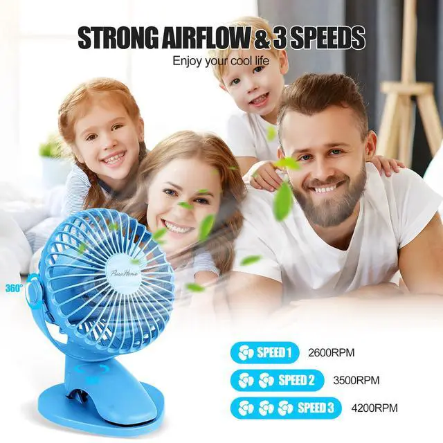 Alt view image 2 of 7 - Portable Clip Fan Battery Operated,3 Speeds USB Rechargeable Mini Table Fan with Strong Airflow,360°Rotation Ultra Quiet Personal Desk Fan for Home Office Bedroom Dorm Stroller Camping - Blue