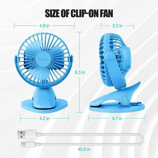Alt view image 7 of 7 - Portable Clip Fan Battery Operated,3 Speeds USB Rechargeable Mini Table Fan with Strong Airflow,360°Rotation Ultra Quiet Personal Desk Fan for Home Office Bedroom Dorm Stroller Camping - Blue