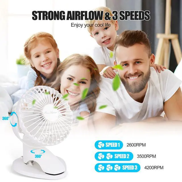 Alt view image 3 of 6 - Portable Clip Fan Battery Operated,3 Speeds USB Rechargeable Mini Table Fan with Strong Airflow,360°Rotation Ultra Quiet Personal Desk Fan for Home Office Bedroom Dorm Stroller Camping(White)
