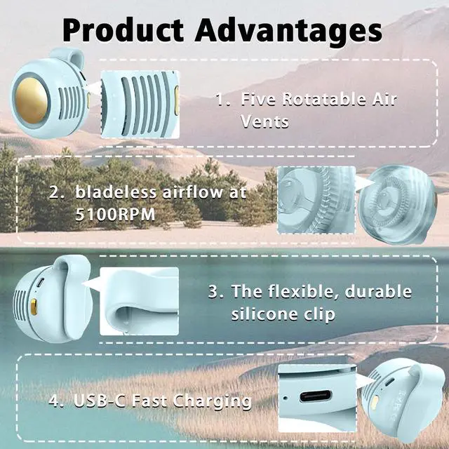 Alt view image 4 of 6 - Portable Clip-On Fan, Mini USB Rechargeable 360° Rotatable Fan, 3-Speed Silent Mini Bladeless Fans