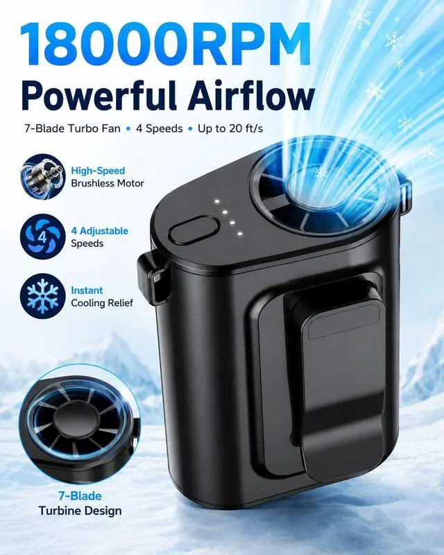 Alt view image 2 of 7 - Portable Waist Fan, Ultra Lightweight Wearable Clip On Fan for Shirt, Mini Personal Neck Fan for Travel, Hands Free Belt Fan with Strong Airflow, Rechargeable Small Body Fan for Women & Men