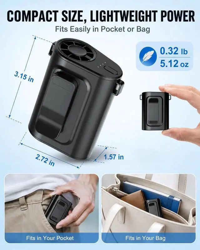 Alt view image 4 of 7 - Portable Waist Fan, Ultra Lightweight Wearable Clip On Fan for Shirt, Mini Personal Neck Fan for Travel, Hands Free Belt Fan with Strong Airflow, Rechargeable Small Body Fan for Women & Men