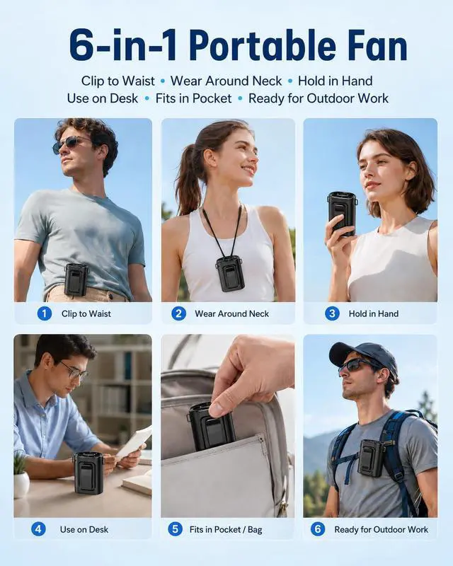 Alt view image 6 of 7 - Portable Waist Fan, Ultra Lightweight Wearable Clip On Fan for Shirt, Mini Personal Neck Fan for Travel, Hands Free Belt Fan with Strong Airflow, Rechargeable Small Body Fan for Women & Men