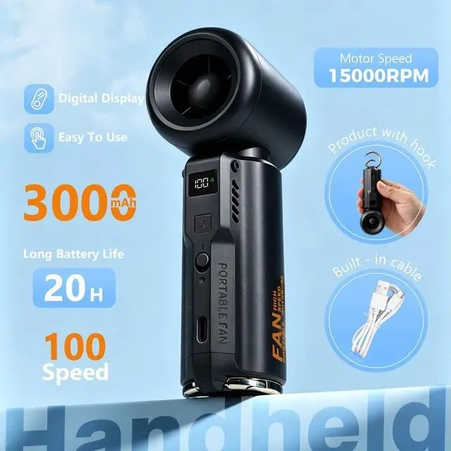 Alt view image 2 of 7 - Handheld Mini Fan, Portable Hand Held Turbo Fan Battery Operated with LED Display 5 Speed Wind 3000mAh USB Rechargeable Batteries Pocket Design for Outdoor Travel Beach Activities Office Gifts