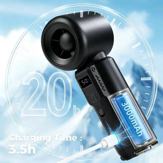 Alt view image 4 of 7 - Handheld Mini Fan, Portable Hand Held Turbo Fan Battery Operated with LED Display 5 Speed Wind 3000mAh USB Rechargeable Batteries Pocket Design for Outdoor Travel Beach Activities Office Gifts
