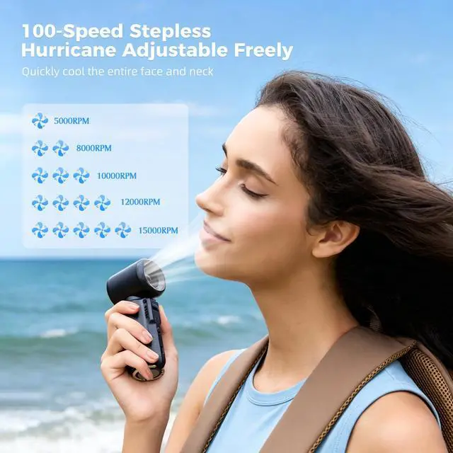Alt view image 6 of 7 - Handheld Mini Fan, Portable Hand Held Turbo Fan Battery Operated with LED Display 5 Speed Wind 3000mAh USB Rechargeable Batteries Pocket Design for Outdoor Travel Beach Activities Office Gifts