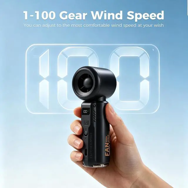 Alt view image 5 of 7 - Handheld Mini Fan, Portable Hand Held Turbo Fan Battery Operated with LED Display 5 Speed Wind 3000mAh USB Rechargeable Batteries Pocket Design for Outdoor Travel Beach Activities Office Gifts
