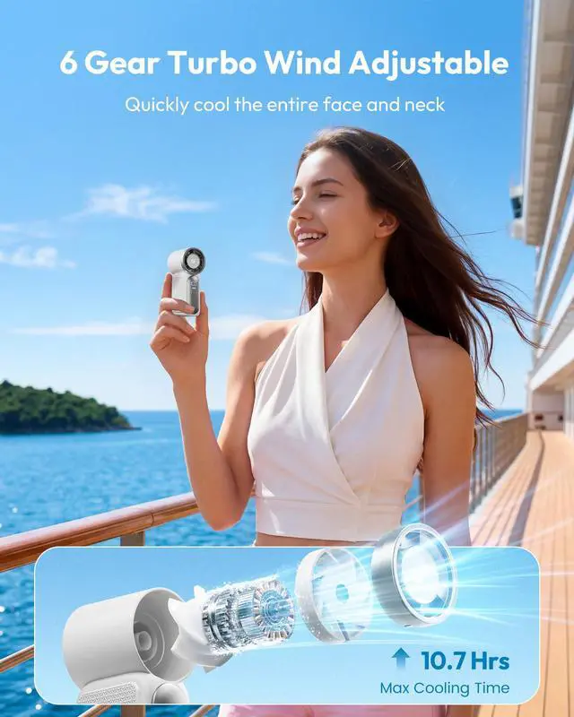 Alt view image 2 of 7 - Portable Handheld Mini Fan, 6 Speeds 16900 RPM High Velocity Personal Fan with LED Display, USB Rechargeable, Mini Fan with Lanyard for Makeup, Travel, Outdoor Fan for Women Girl Gift, White