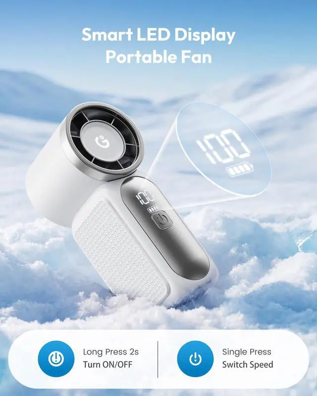 Alt view image 5 of 7 - Portable Handheld Mini Fan, 6 Speeds 16900 RPM High Velocity Personal Fan with LED Display, USB Rechargeable, Mini Fan with Lanyard for Makeup, Travel, Outdoor Fan for Women Girl Gift, White
