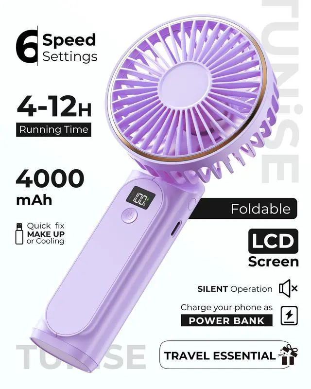 Alt view image 2 of 7 - Portable Handheld Fan, 4000mAh, 180 Adjustable, 6 Speed Wind, USB Rechargeable Foldable Fan with Real-Time Electricity Display