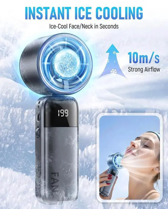 Alt view image 4 of 7 - Mini Ice Cooling Portable Handheld Fan, Pocket Personal Fan with Rechargeable Battery, 20hrs Long-lasting Work, 199 Speed Wind with High-Speed Motor, for Travel/Work/Indoor/Outdoor