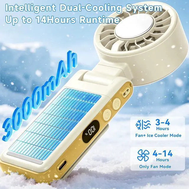 Alt view image 3 of 7 - Handheld Portable Turbo Fan with Ice Cooling,5 Speed Rechargeable LED Display Foldable Hand Held Personal Clip/Neck/Waist Fan,180°& 360° Adjustable,Pocket Mini Fan for Outdoor/Home/Office (Khaki)